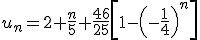 u_n=2+\frac{n}{5}+\frac{46}{25}\left[1-\left(-\frac{1}{4}\right)^n\right]